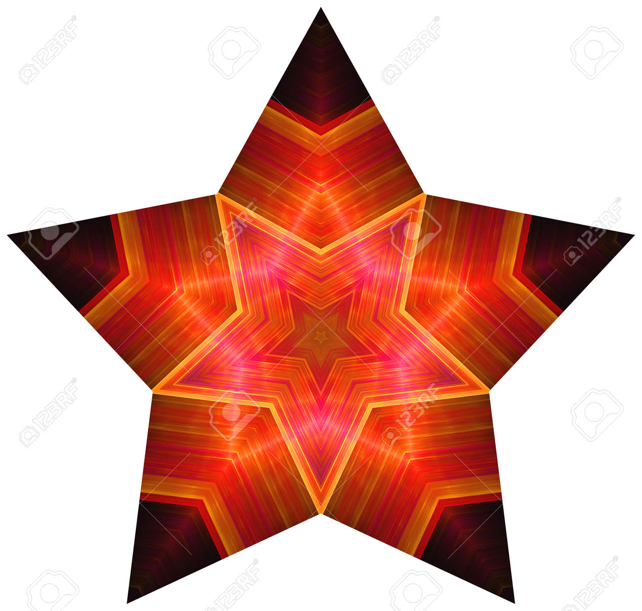 縞模様を持つ五角形の赤い星の中に含まれているある星の図 画像 は 輝く効果と豊富な赤とオレンジの色を示しています エッジは 暗赤色で着色されています 闇と光の領域をボリューム効果 画像には多くが含まれています の写真素材 画像素材 Image