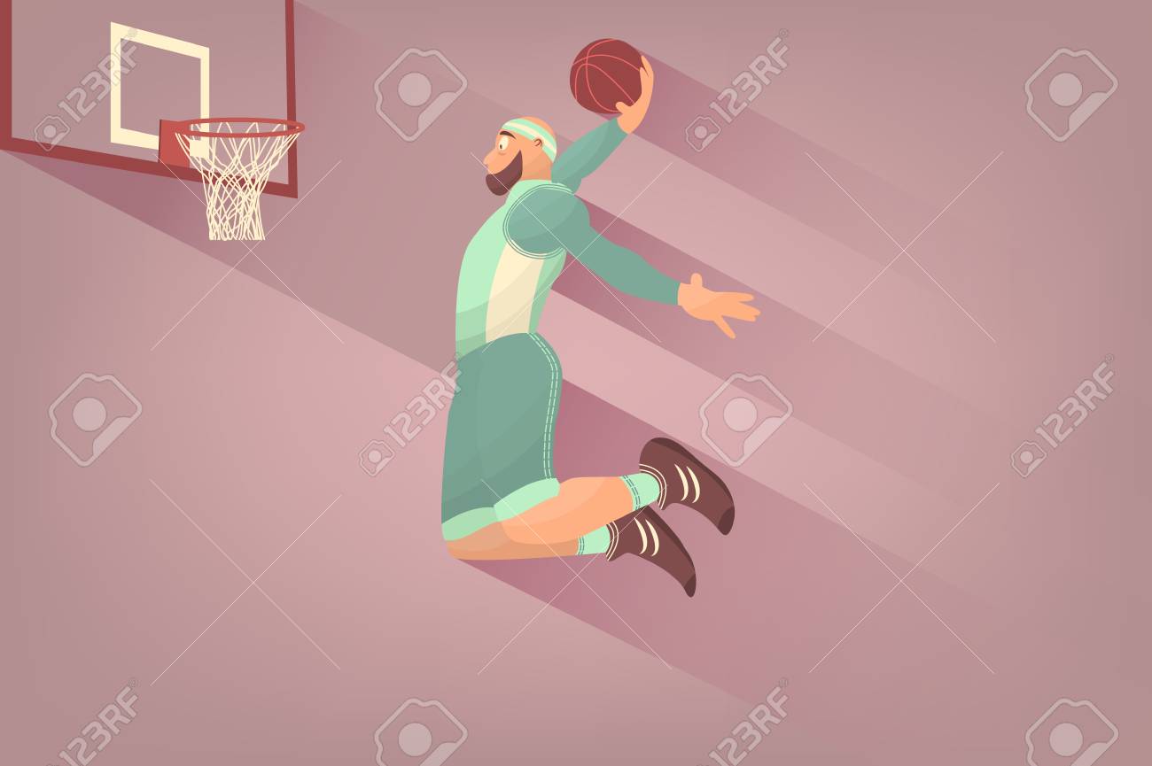 フラット ボールを持つコミック バスケット ボール プレイヤー 漫画画像 のイラスト素材 ベクタ Image