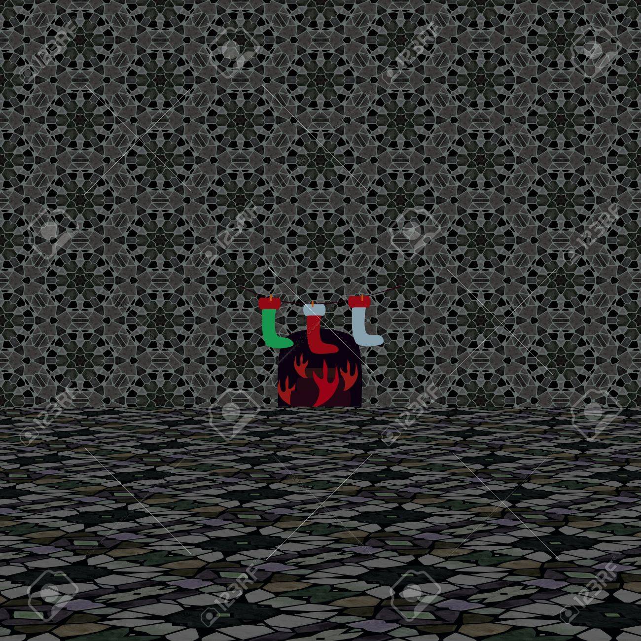 Raster Hintergrund Simuliert Zimmer Mit Fliesenboden Und Wand Kamin Mit Weihnachten Strumpfe Auf Geschenke Enthalten Brennen Nutzlich Als Textur In Einem Computerspiel Lizenzfreie Fotos Bilder Und Stock Fotografie Image 48490019
