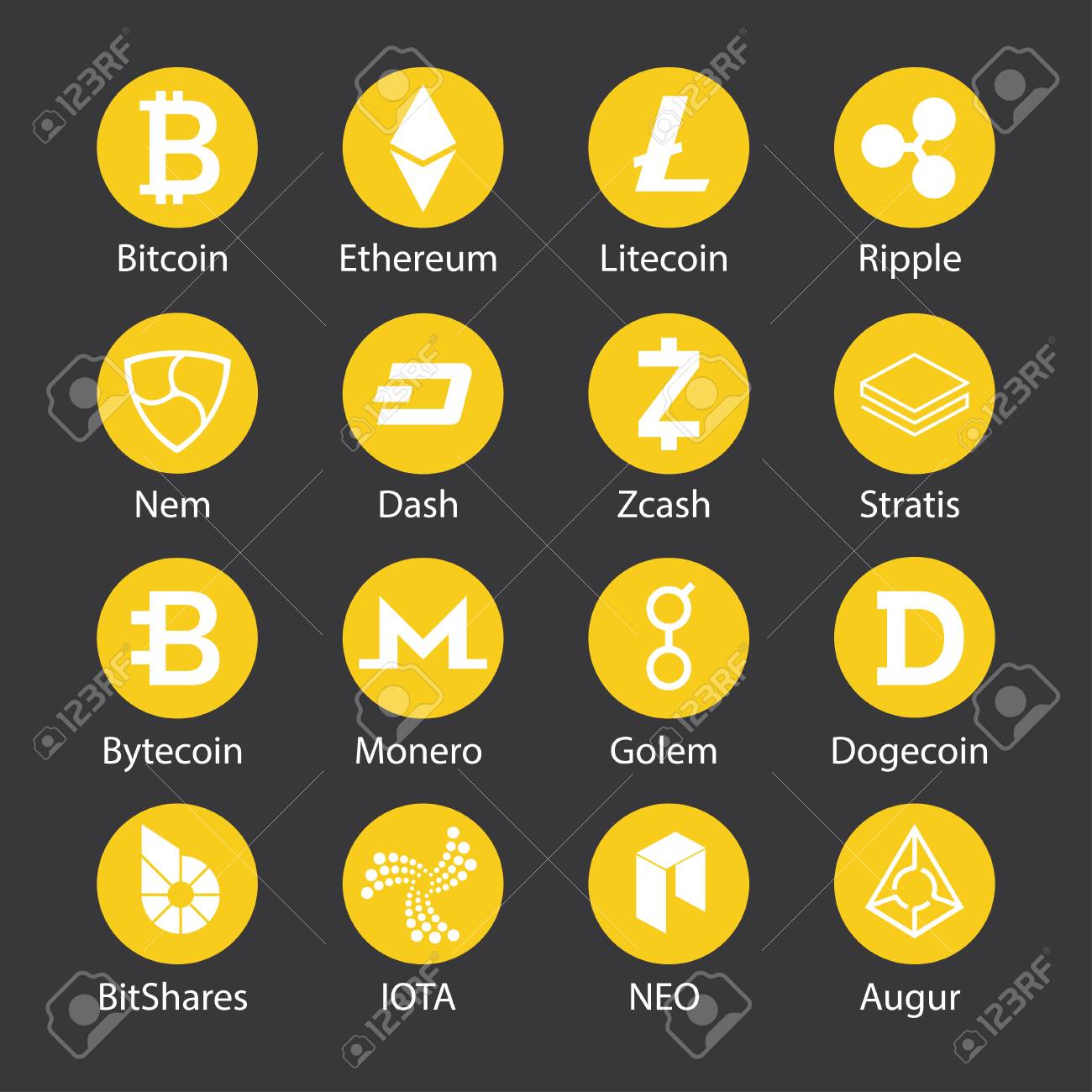 Logotipo De Estilo Plano De Moneda Criptográfica De Bitcoin. Conjunto De  Logotipos E Iconos De Criptomonedas. Icono De Bitcoin Minimalista Blockchain.  Ilustración De Vector De Diseño Realista. Ethereum, Litecoin, Ripple, Nem,  Dash.