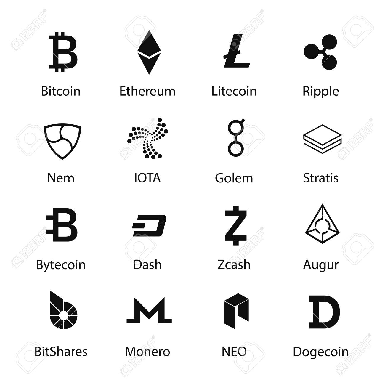 ビットコイン暗号通貨フラットスタイルのロゴ。暗号通貨のロゴとアイコンのセット。ブロックチェーンミニマルビットコイン アイコン。リアルなデザインベクトルイラスト。イーテリアム、ライトコイン、リップル、ネム、ダッシュ。のイラスト素材・ベクター Image  114296987