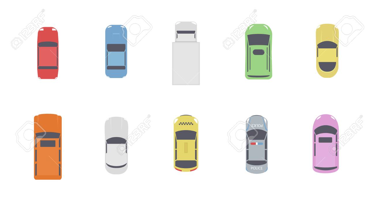 Set of cars top view. Different city vehicle transport views from the air or from the bird's eye. Isolated icons of auto cars from above. Simple flat cartoon vector illustration. - 114296988 Set of cars top view. Different city vehicle transport views from the air or from the bird's eye. Isolated icons of auto cars from above. Simple flat cartoon vector illustration. - 114296988