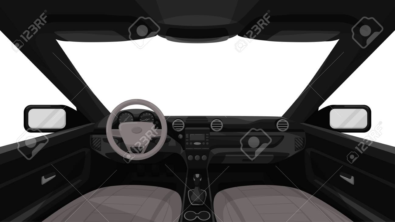 Car salon. View from inside of vehicle. Dashboard front panel. Driver view. Simple cartoon design. Realistic car interior. Flat style vector illustration. - 114296989 Car salon. View from inside of vehicle. Dashboard front panel. Driver view. Simple cartoon design. Realistic car interior. Flat style vector illustration. - 114296989
