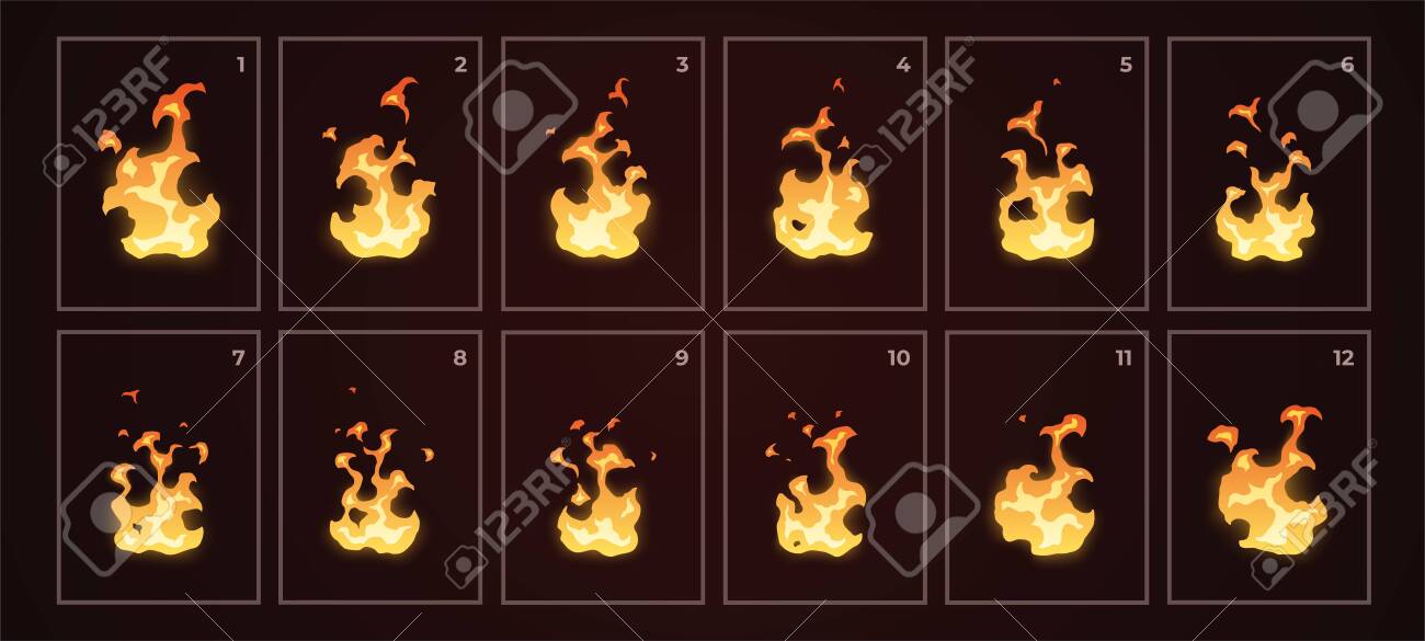 Looped Fire Animation. Sprites Sheet. Flat Style Vector Illustration. Flame,  Fire, Torch, Campfire. Cute Cartoon Design. Orange And Yellow Colors.  Realistic Template. Клипарты, SVG, векторы, и Набор Иллюстраций Без Оплаты  Отчислений. Image