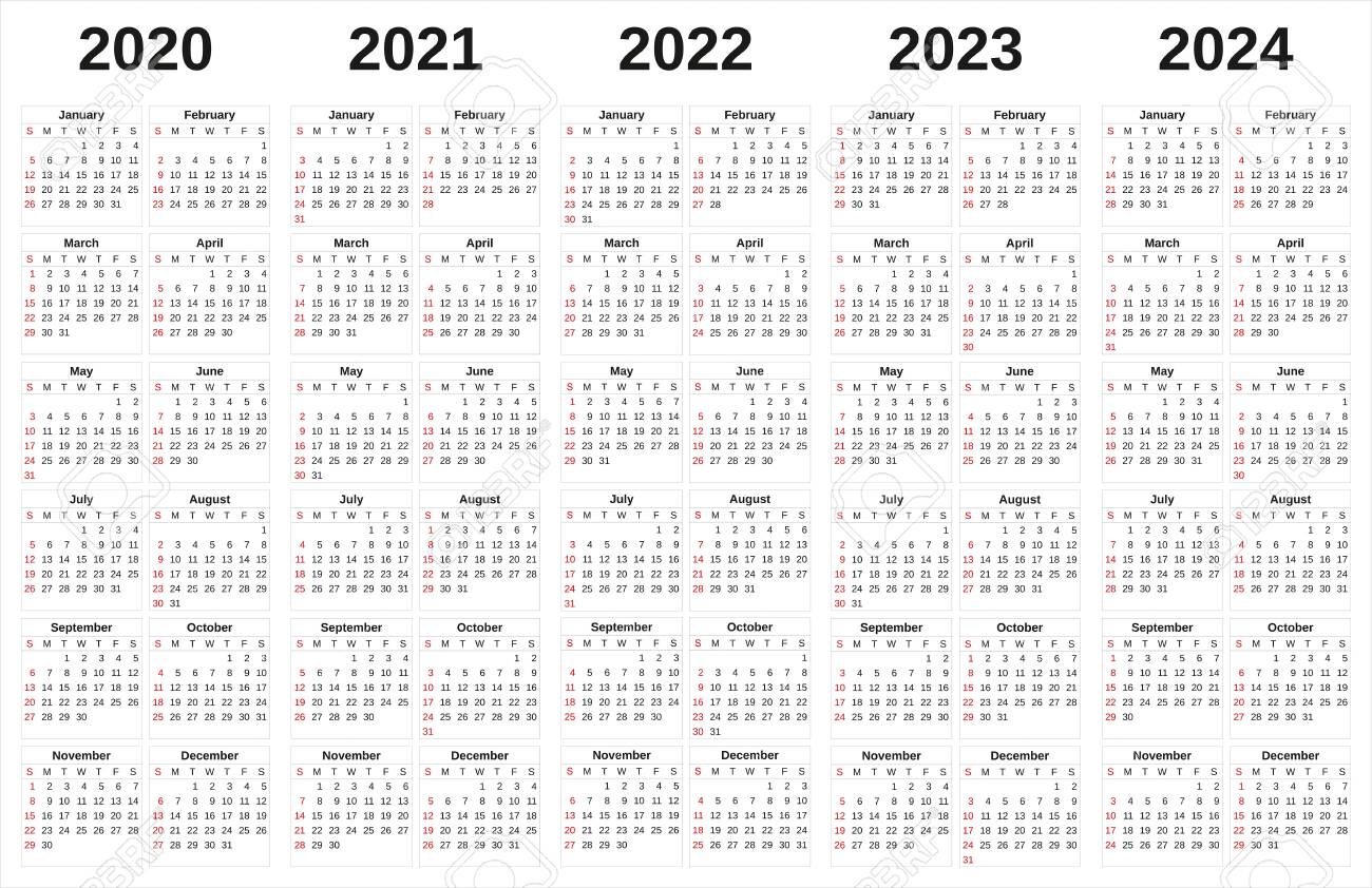 a 2020 2024 annual calendar with white background annual calendar