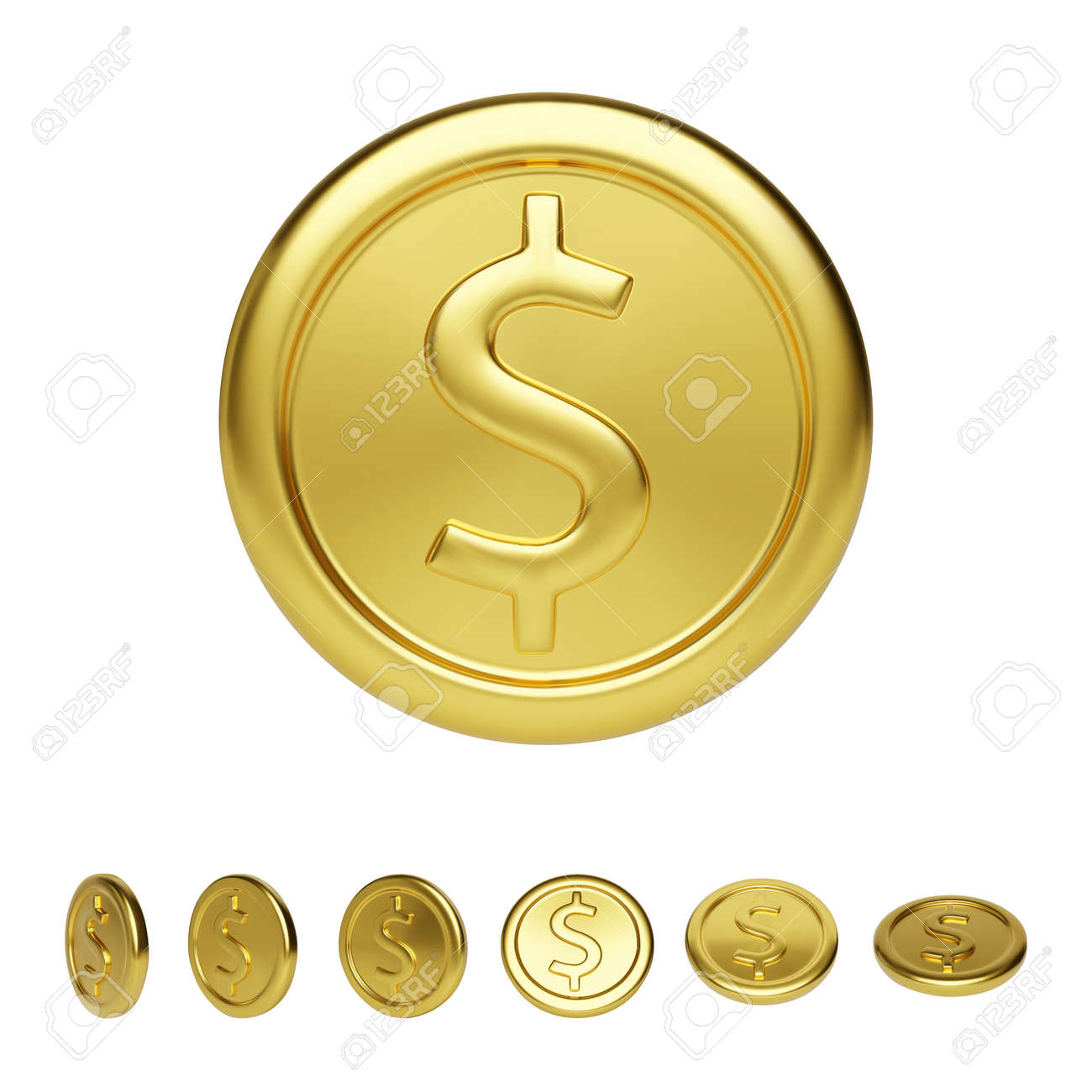 ゴールデンコインの正面図と異なる位置。光沢のあるメタリックコインのリアルなレンダリング。財政とお金。ベクトルイラストのイラスト素材・ベクター  Image 171077445