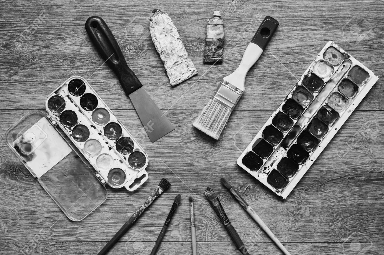 Black and white art photography monochrome artistic squirrel brushes tubes of oil paints and