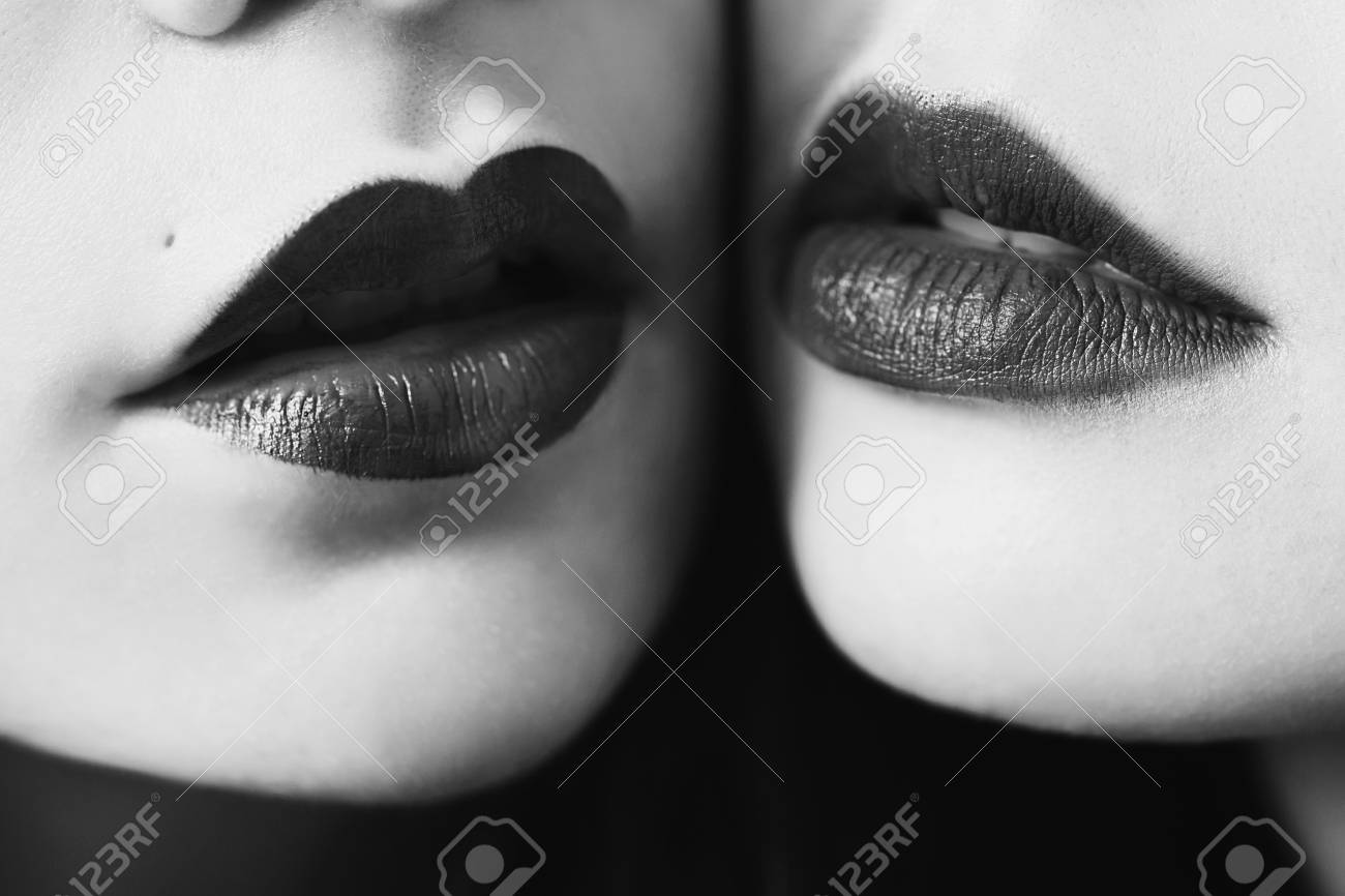Black and white art photography monochrome female lips with bkack lipstick matte closeup macro
