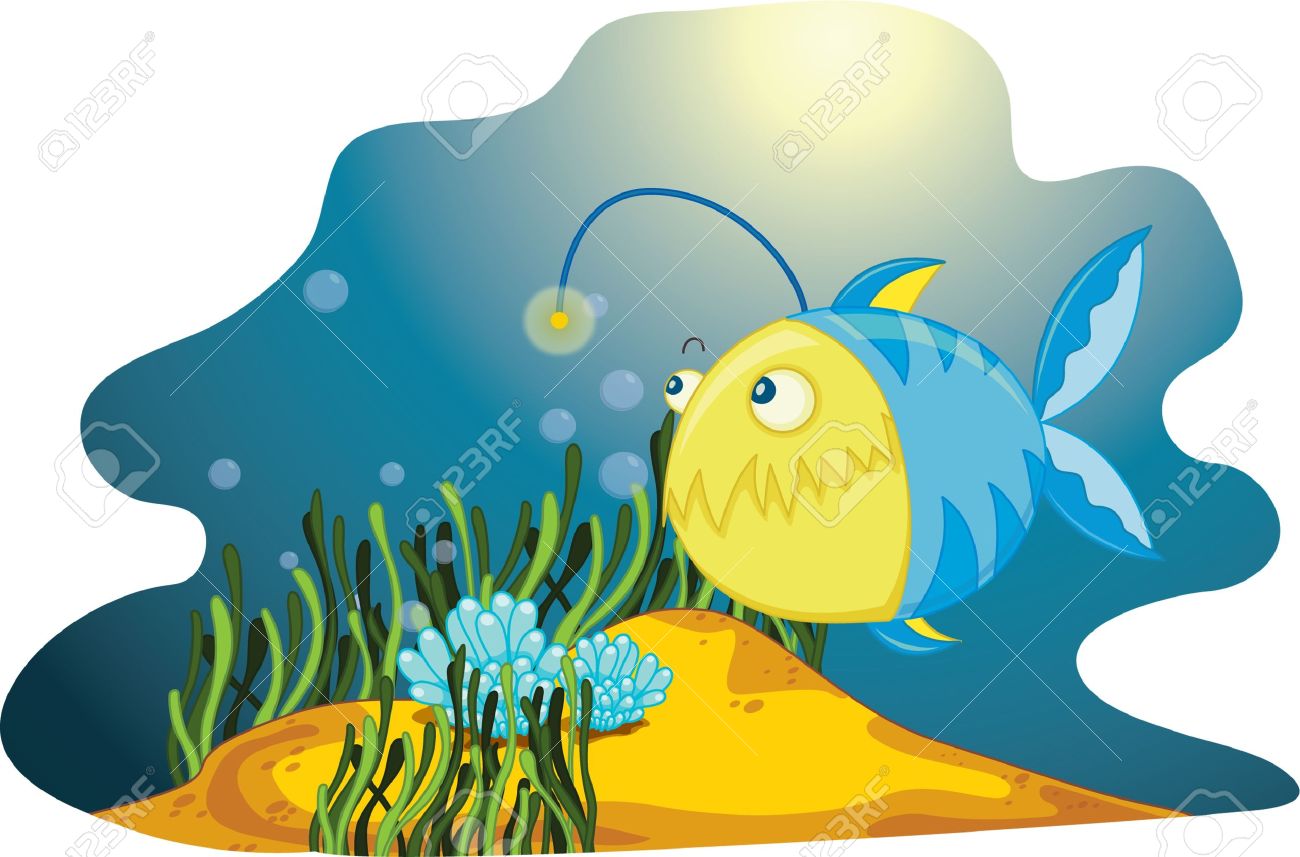 海藻と泡の中で孤独なアンコウ のイラスト素材 ベクタ Image