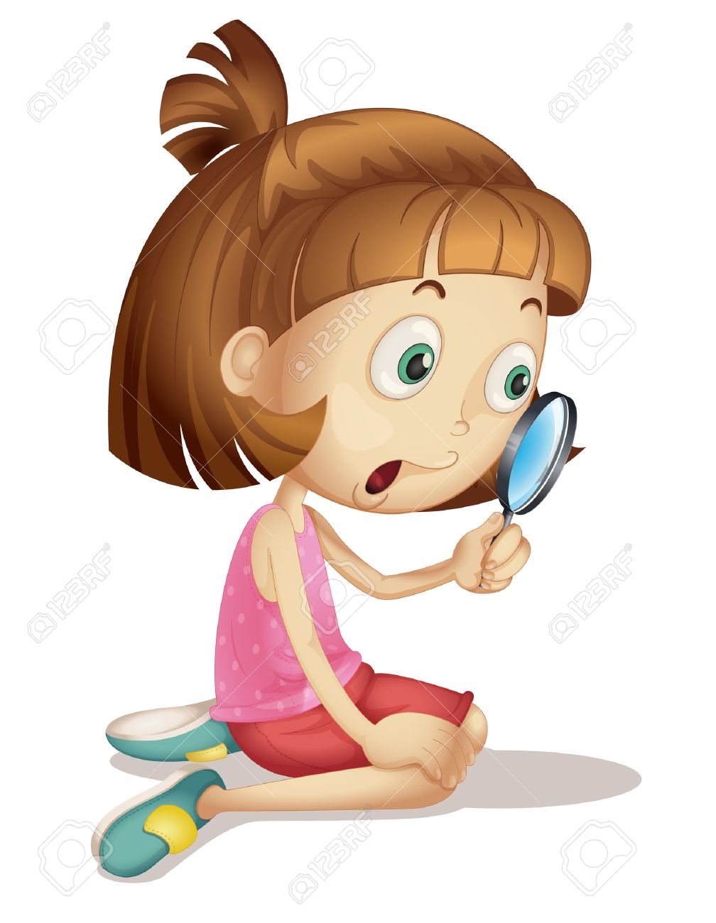 虫眼鏡を使用する若い女の子のイラストのイラスト素材 ベクタ Image