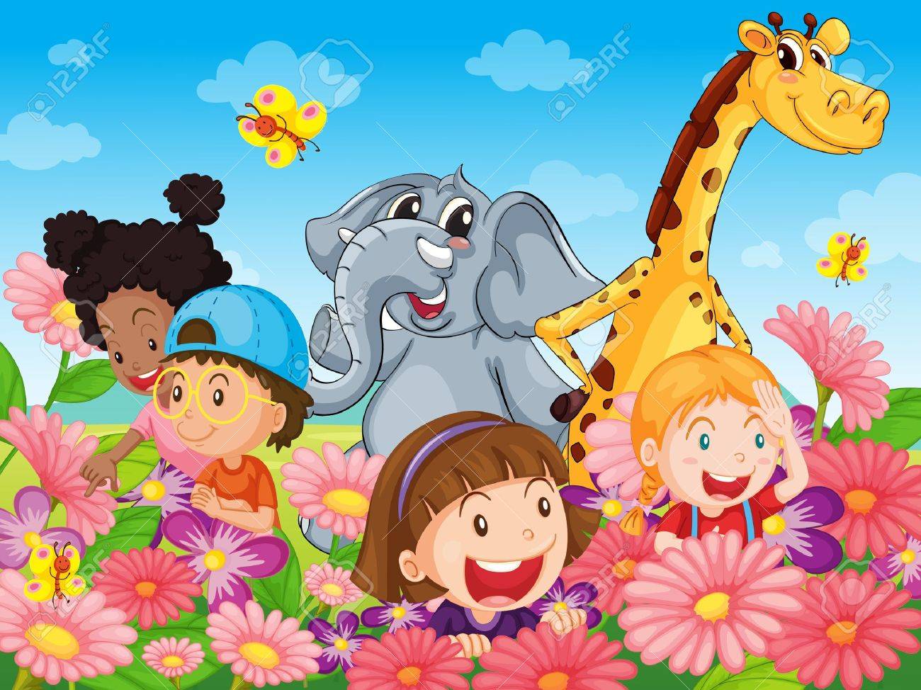 動物と子供たちのイラストのイラスト素材 ベクタ Image 動物と子供たちのイラストのイラスト素材 ベクタ Image