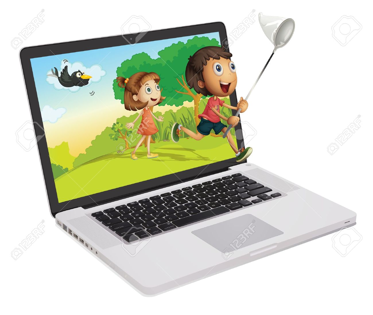 コンピューターの画面から出てくるかわいい子供たち のイラスト素材 ベクタ Image