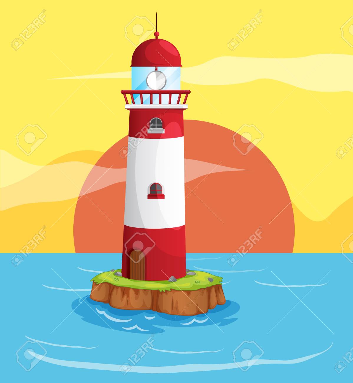 海と美しい自然の中での光の家のイラストのイラスト素材 ベクタ Image