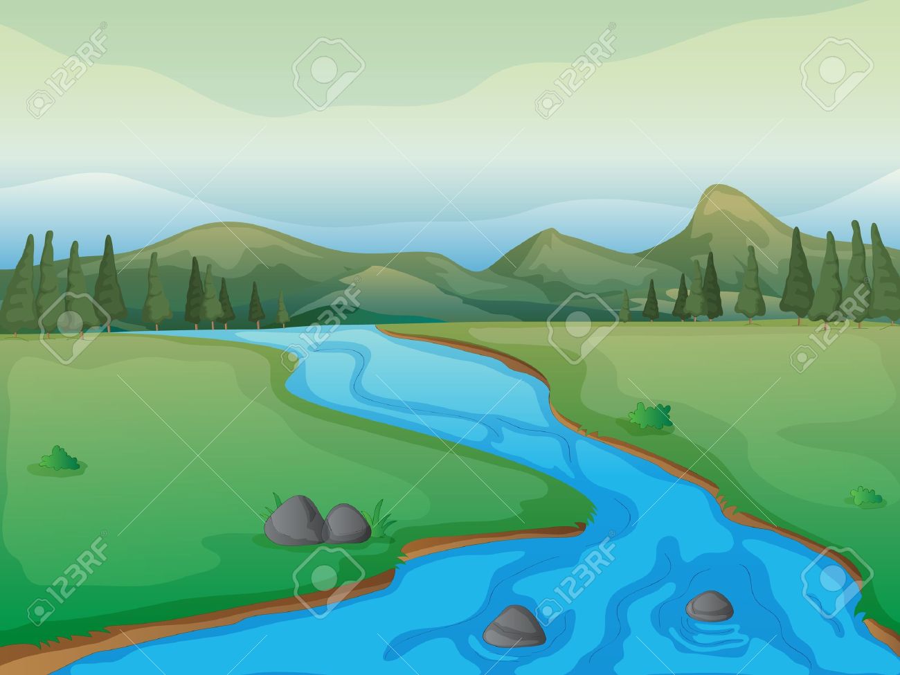 Illustration Of A River A Forest And Mountains Royalty Free Svg Cliparts Vectors And Stock Illustration Image