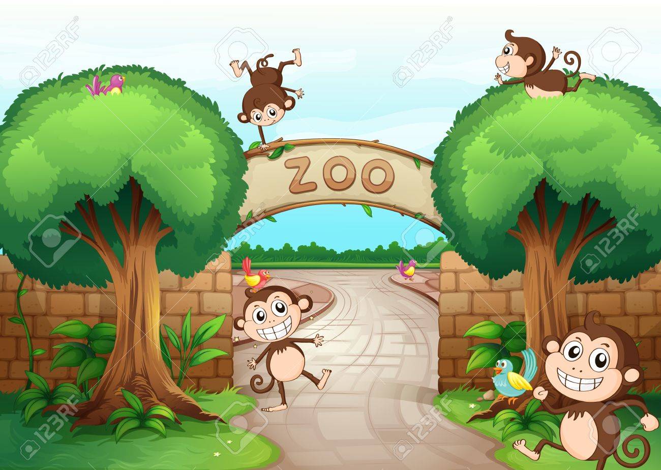 Illustration Of Monkeys In Zoo And A Green Nature Royalty Free SVG, Cliparts,  Vectors, and Stock Illustration. Image 17082805., image size:1300x924