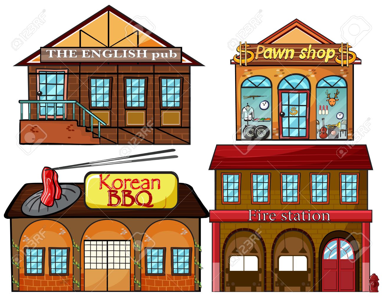 英語パブ 韓国料理店 質屋 および白い背景の上の消防署のイラストのイラスト素材 ベクタ Image