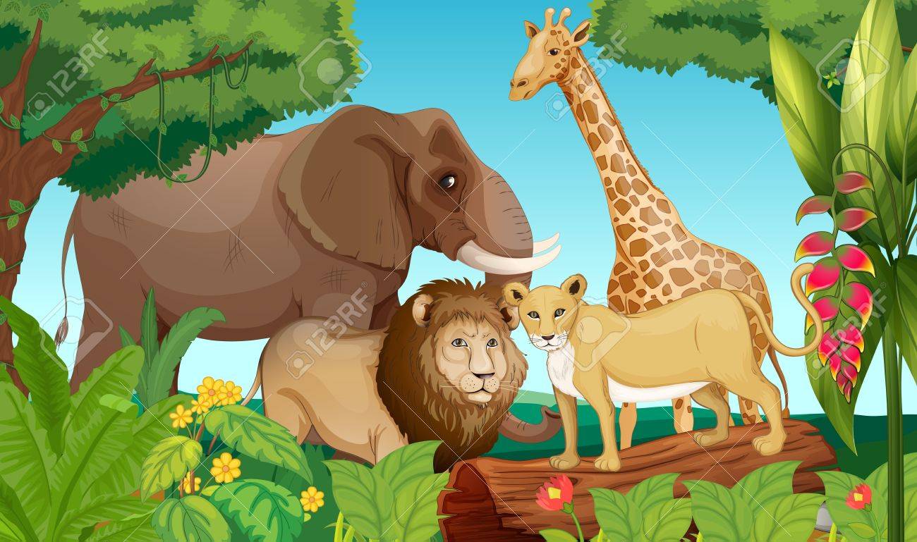 ジャングルの中で動物のイラストのイラスト素材 ベクタ Image