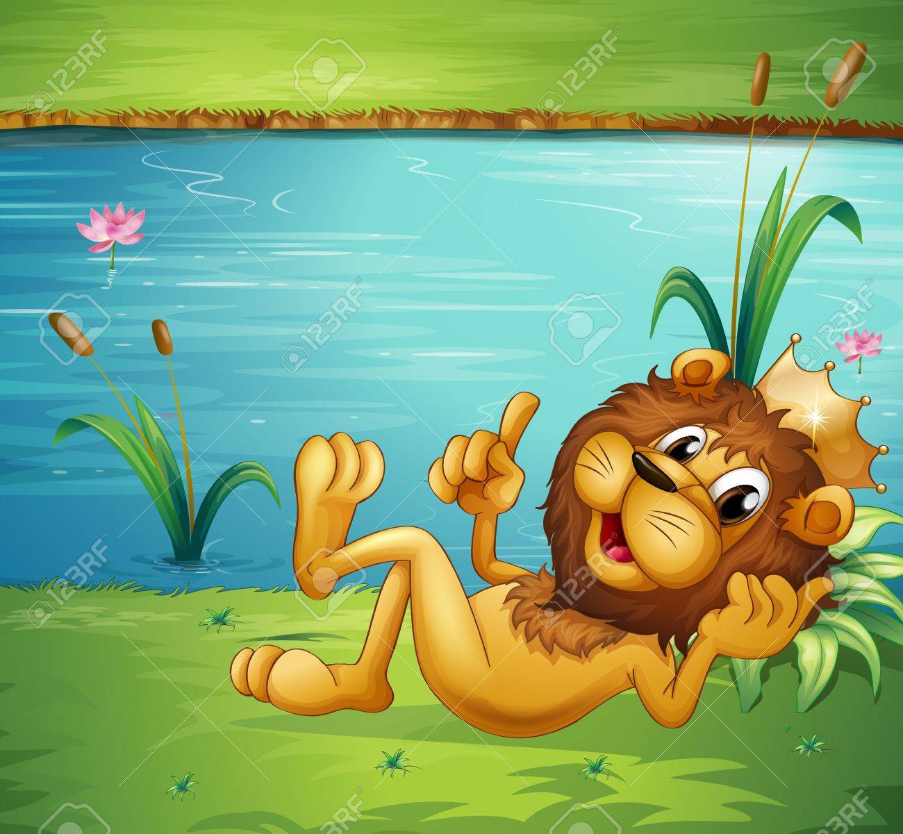 川岸の王冠を持つライオンのイラスト のイラスト素材 ベクタ Image