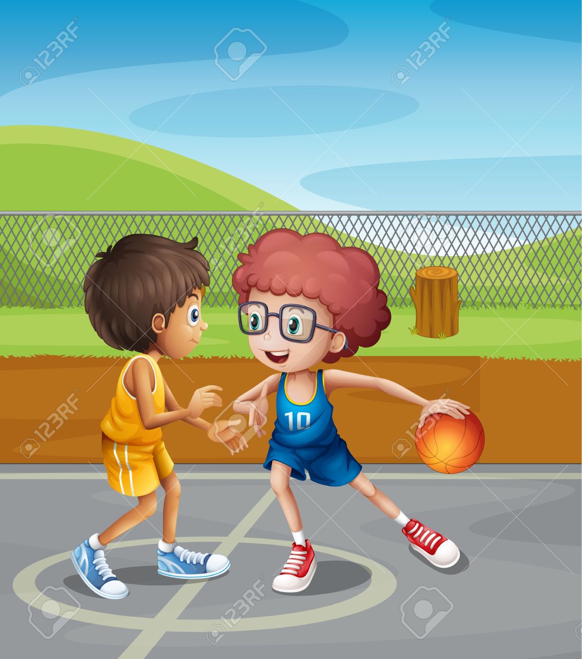 Ilustración De Dos Niños Jugando Al Baloncesto En La Cancha Ilustraciones  Svg, Vectoriales, Clip Art Vectorizado Libre De Derechos. Image 17895757.