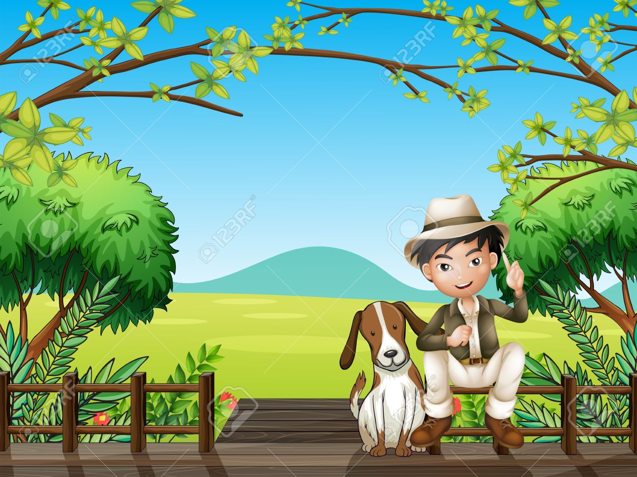 Illustration of a smiling boy and a dog sitting on a wooden platform - 17896751 Illustration of a smiling boy and a dog sitting on a wooden platform - 17896751