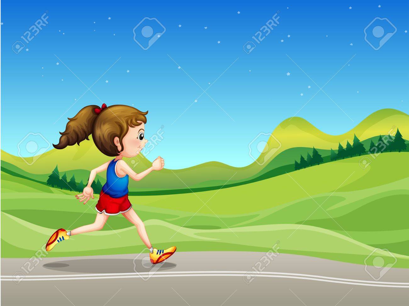 丘の近くの通りで走っている少女のイラストのイラスト素材 ベクタ Image