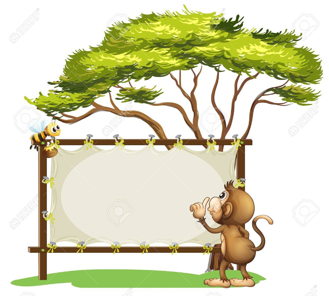 猿と白い背景の上の蜂と空の看板のイラストのイラスト素材 ベクタ Image
