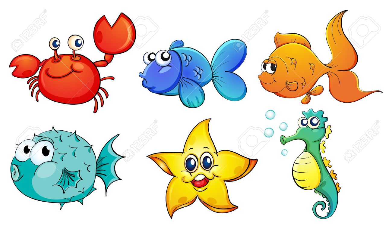 白い背景にさまざまな海の生き物のイラストのイラスト素材 ベクタ Image