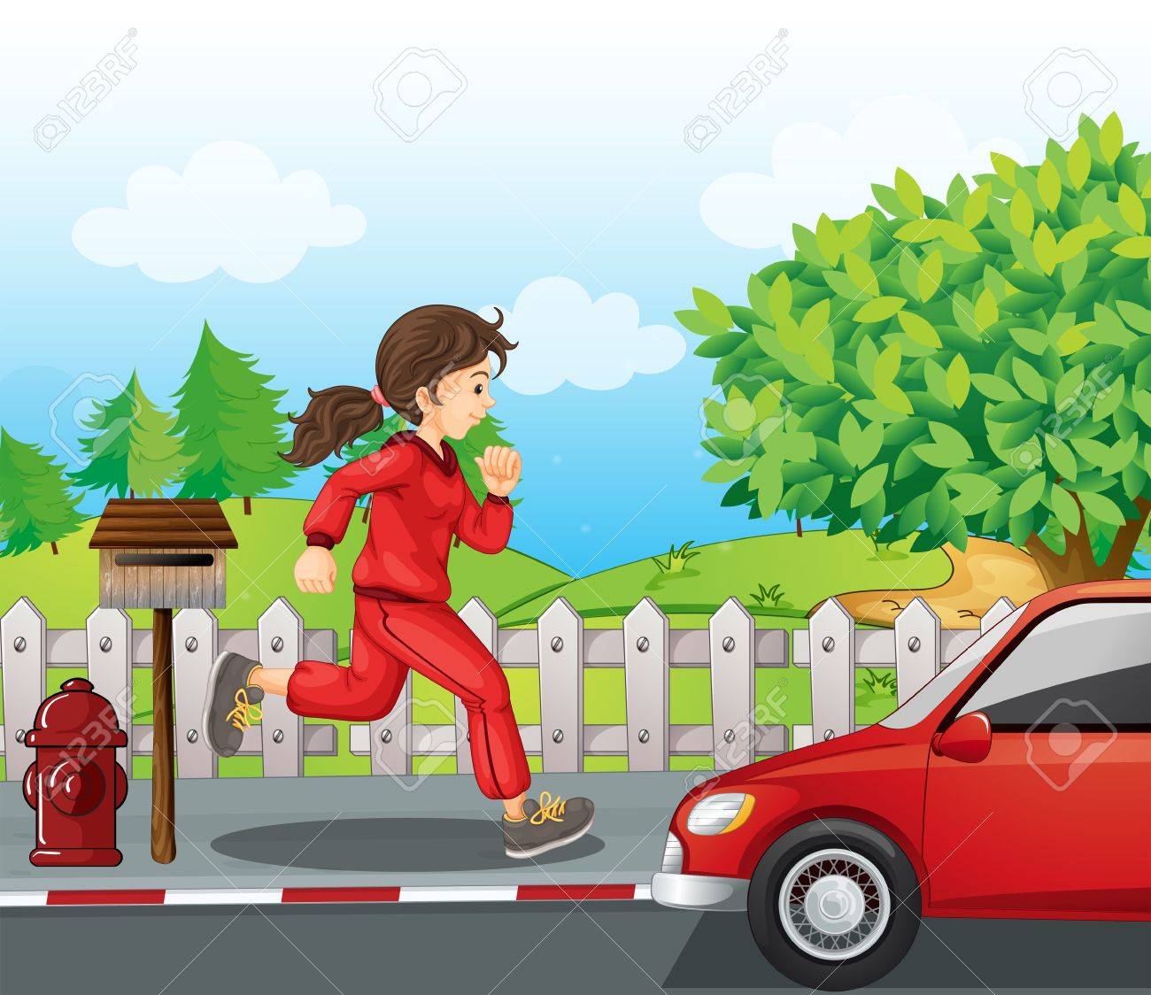 赤いジャケットとズボンを実行している女の子のイラスト のイラスト素材 ベクタ Image