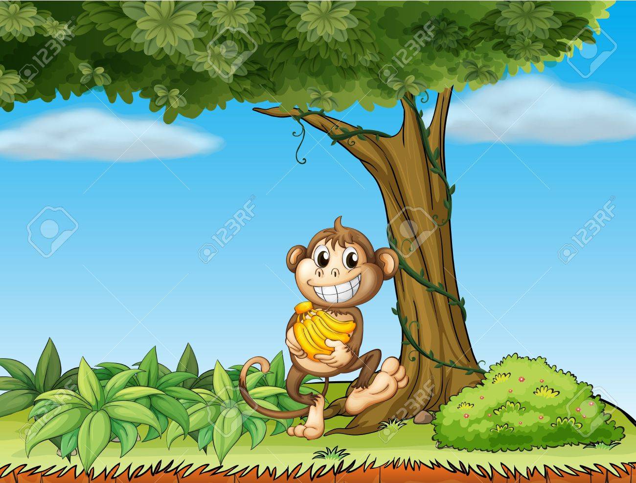 つる植物の木の近くにバナナと猿のイラスト のイラスト素材 ベクタ Image