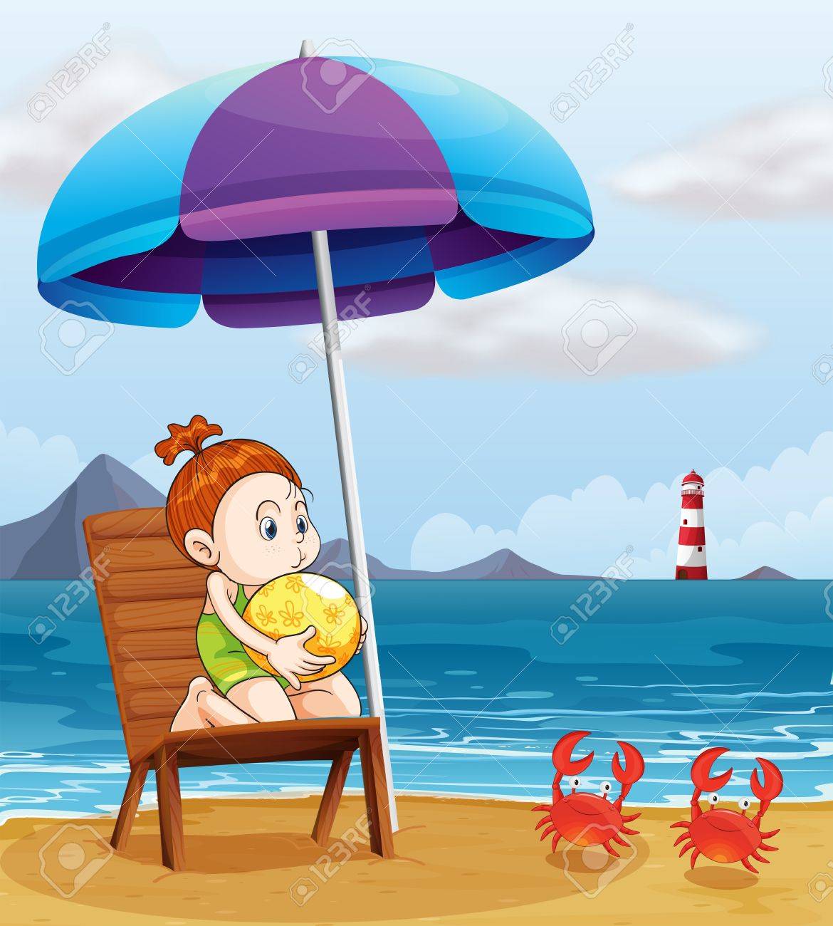 浜のビーチボールを保持している若い女の子のイラスト のイラスト素材 ベクタ Image