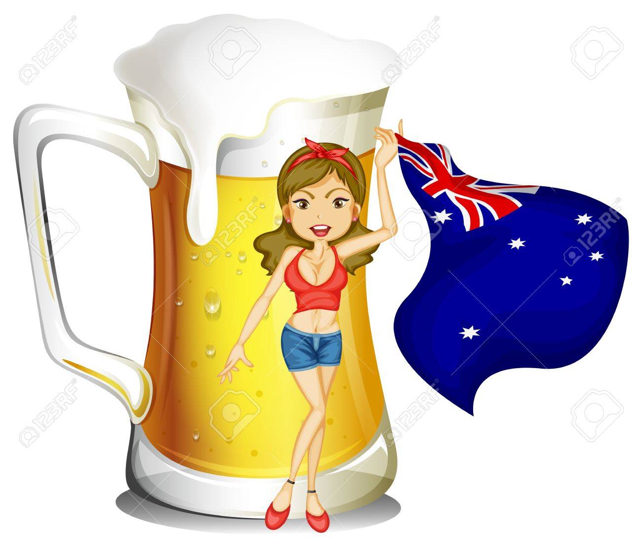 オーストラリアの旗の白い背景の上のビールの大きなマグカップの前で女の子のイラストのイラスト素材 ベクタ Image