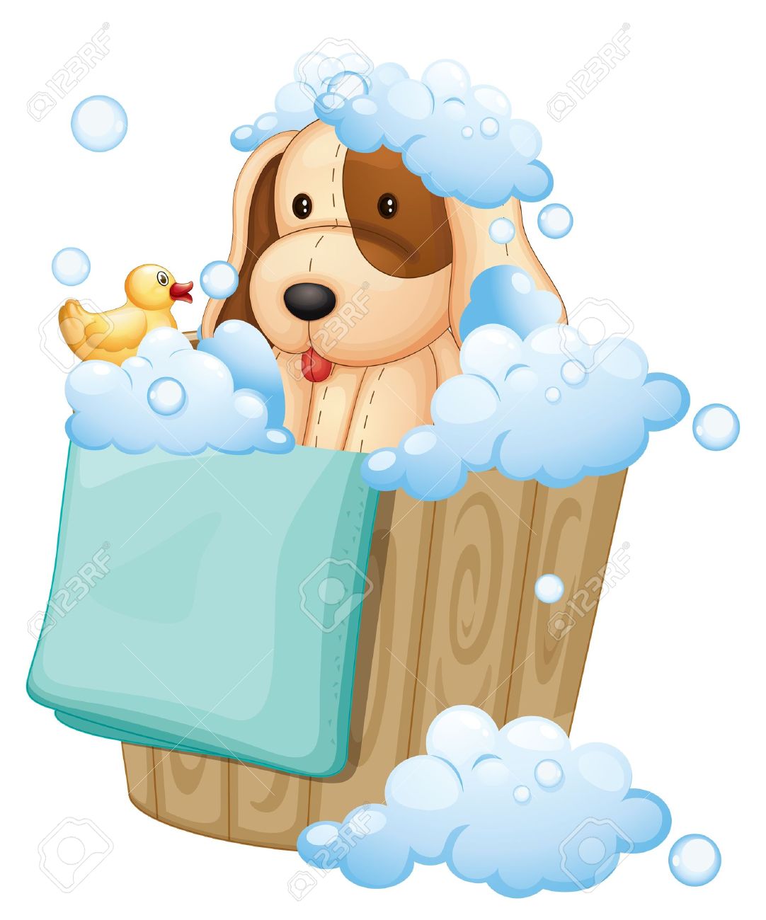 白い背景の上の泡でいっぱいバケツの中の犬のイラスト のイラスト素材 ベクタ Image