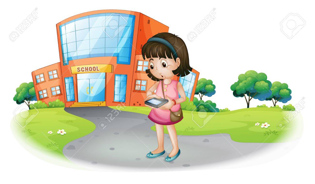 白い背景の上の校舎の前に若い女の子のテキスト メッセージのイラスト のイラスト素材 ベクタ Image