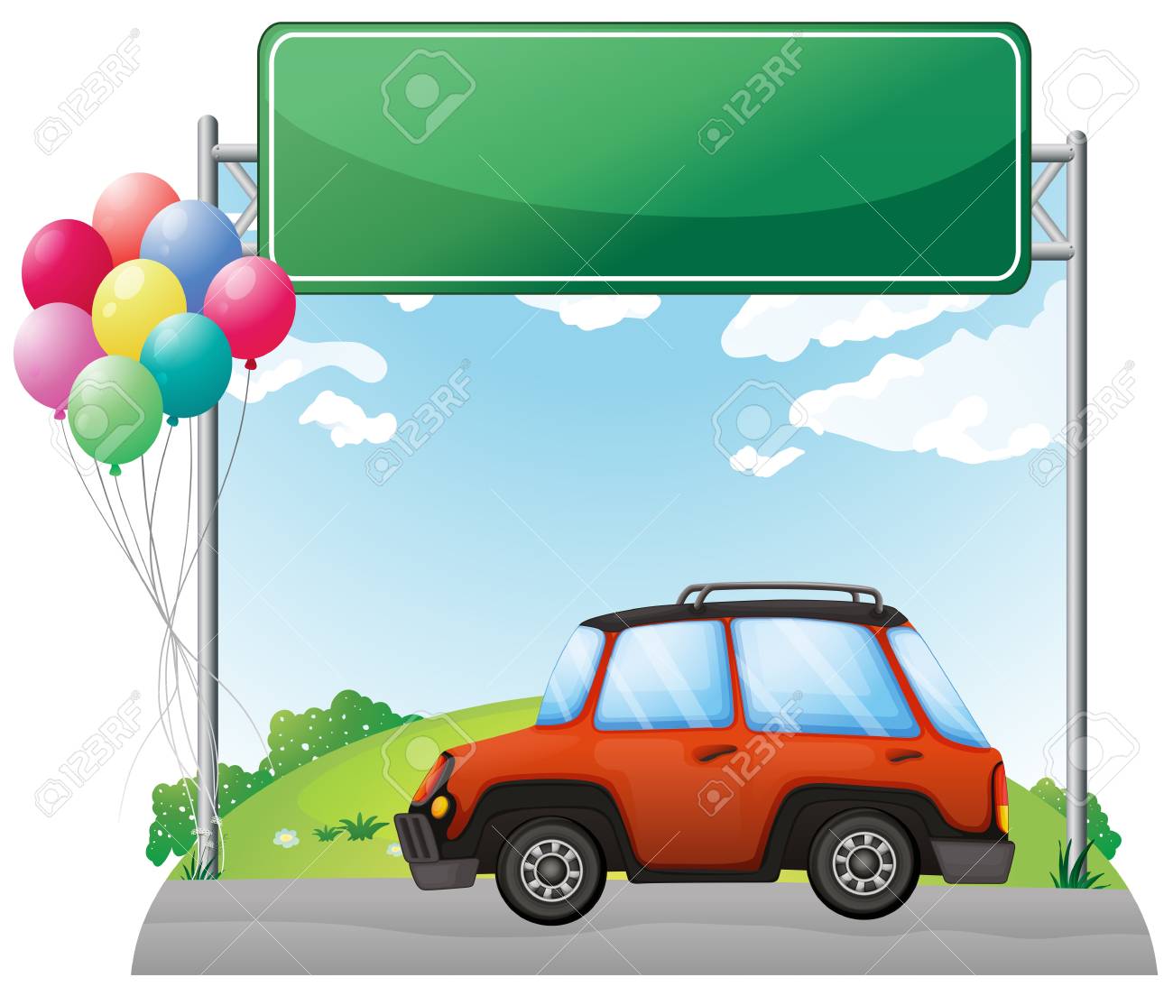 白地にオレンジ色のジープの上空緑ボードのイラストのイラスト素材