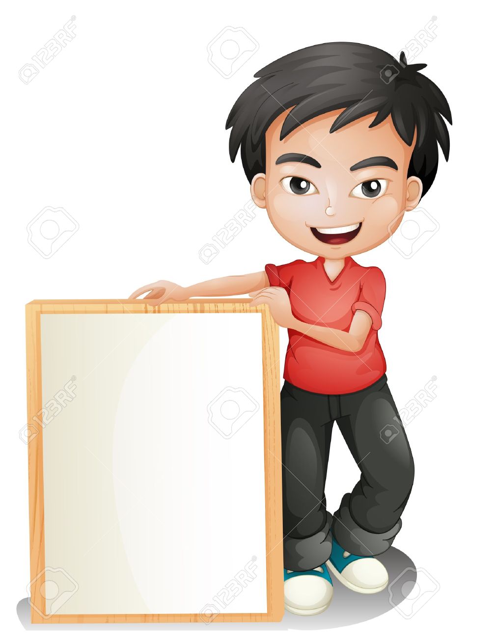 白の背景には空の組み立てられたボードを持つ男の子のイラスト のイラスト素材 ベクタ Image