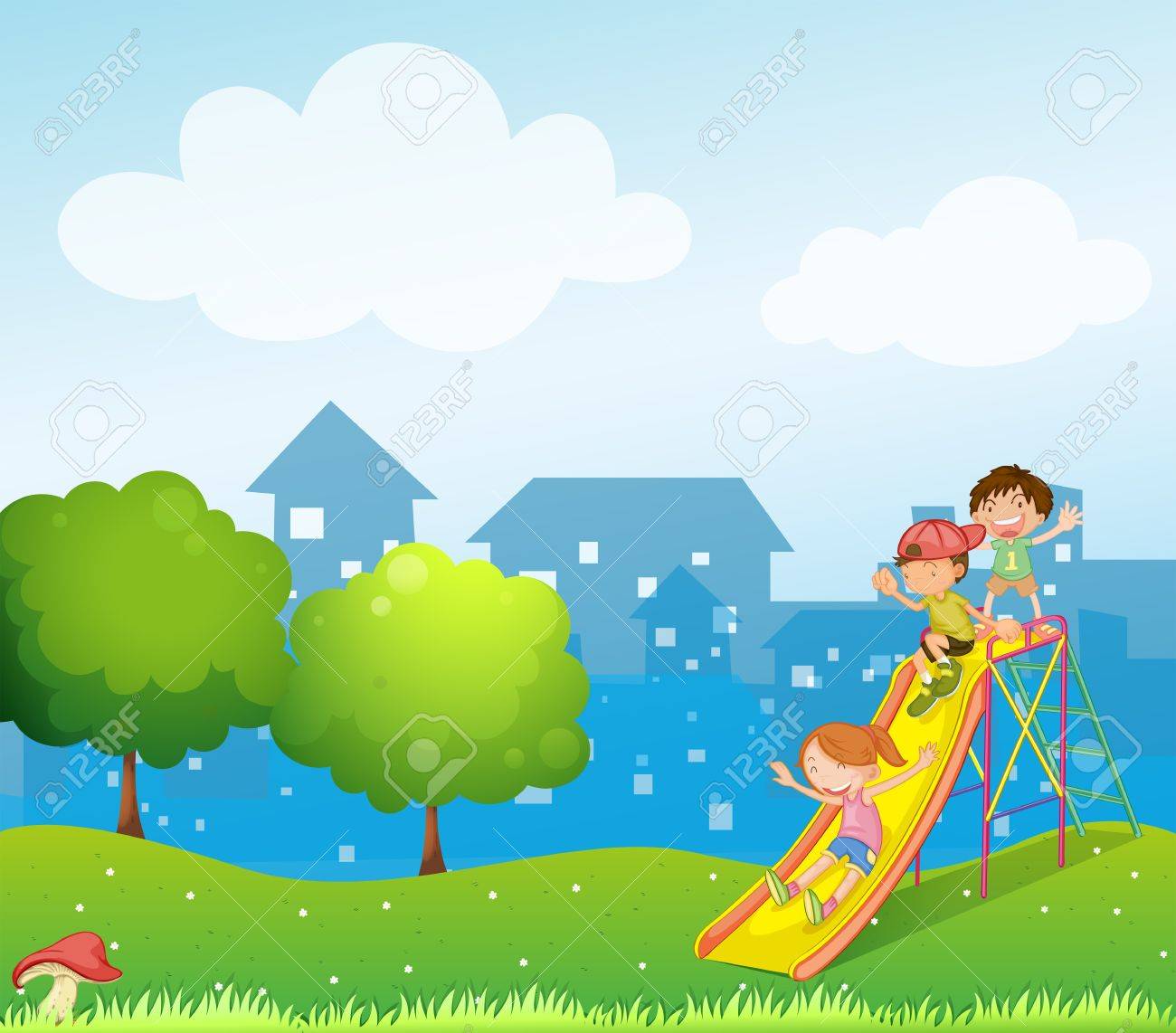 3 人の子供の遊び場で遊ぶの図 のイラスト素材 ベクタ Image