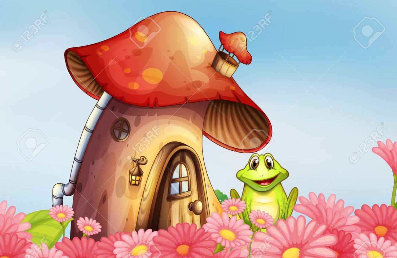 花の庭とキノコの家の近くのカエルのイラストのイラスト素材 ベクタ Image