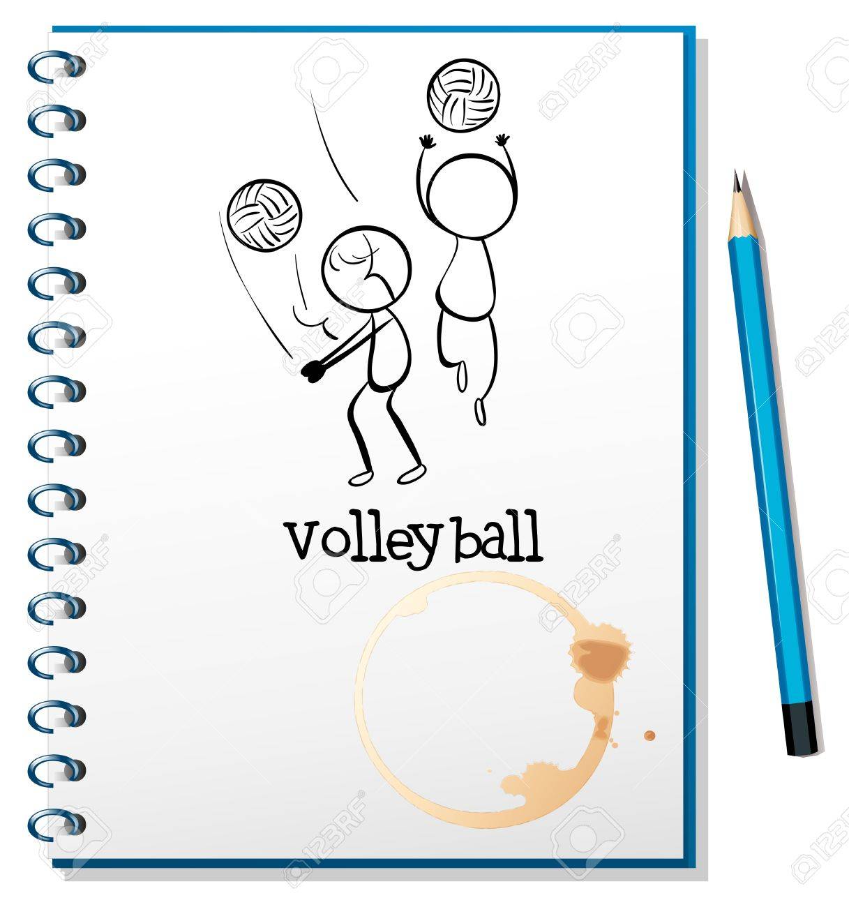 白い背景の上のバレーボール選手のスケッチと ノートブックのイラストのイラスト素材 ベクタ Image