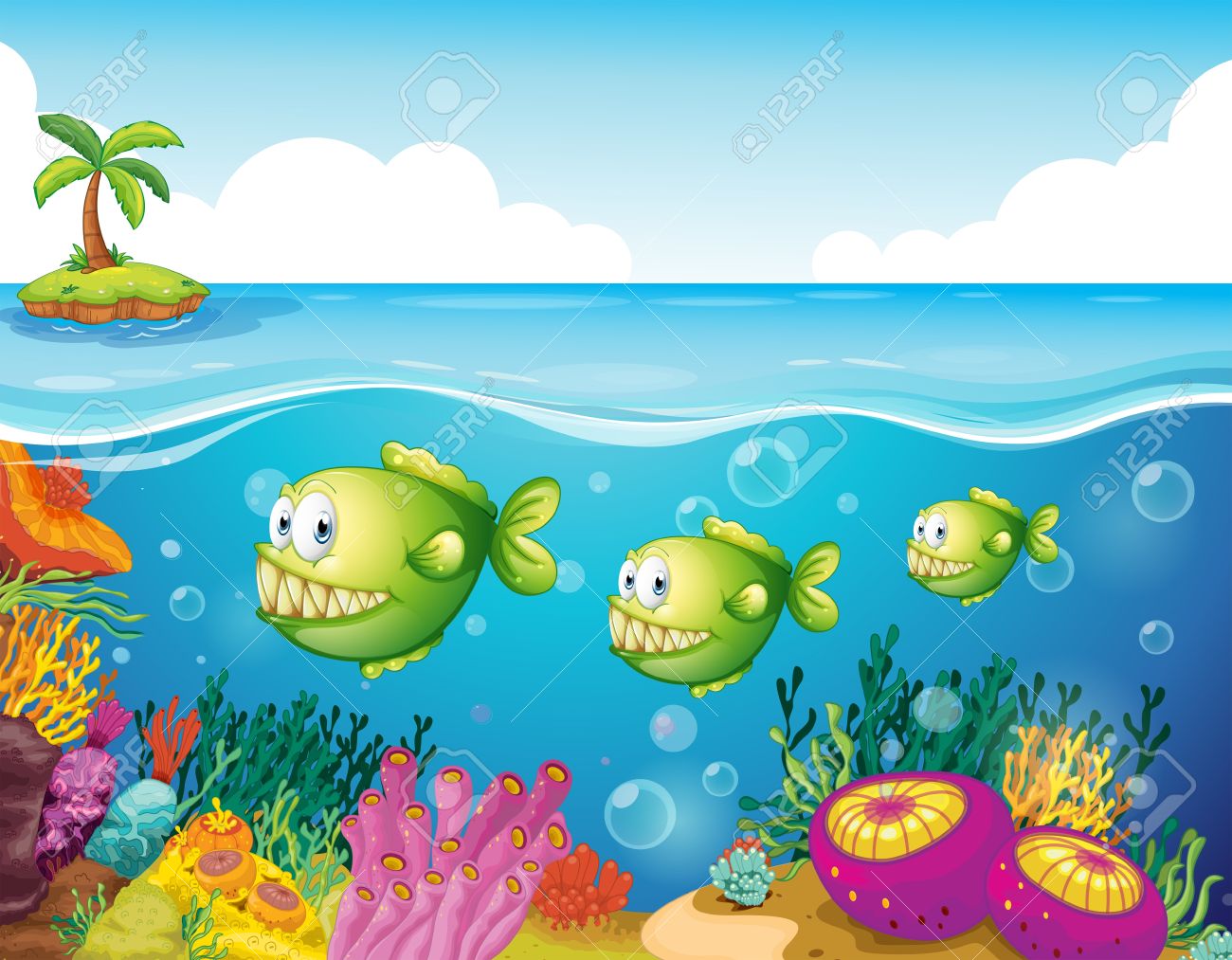 海の下で 3 つの緑のピラニアのイラストのイラスト素材 ベクタ Image