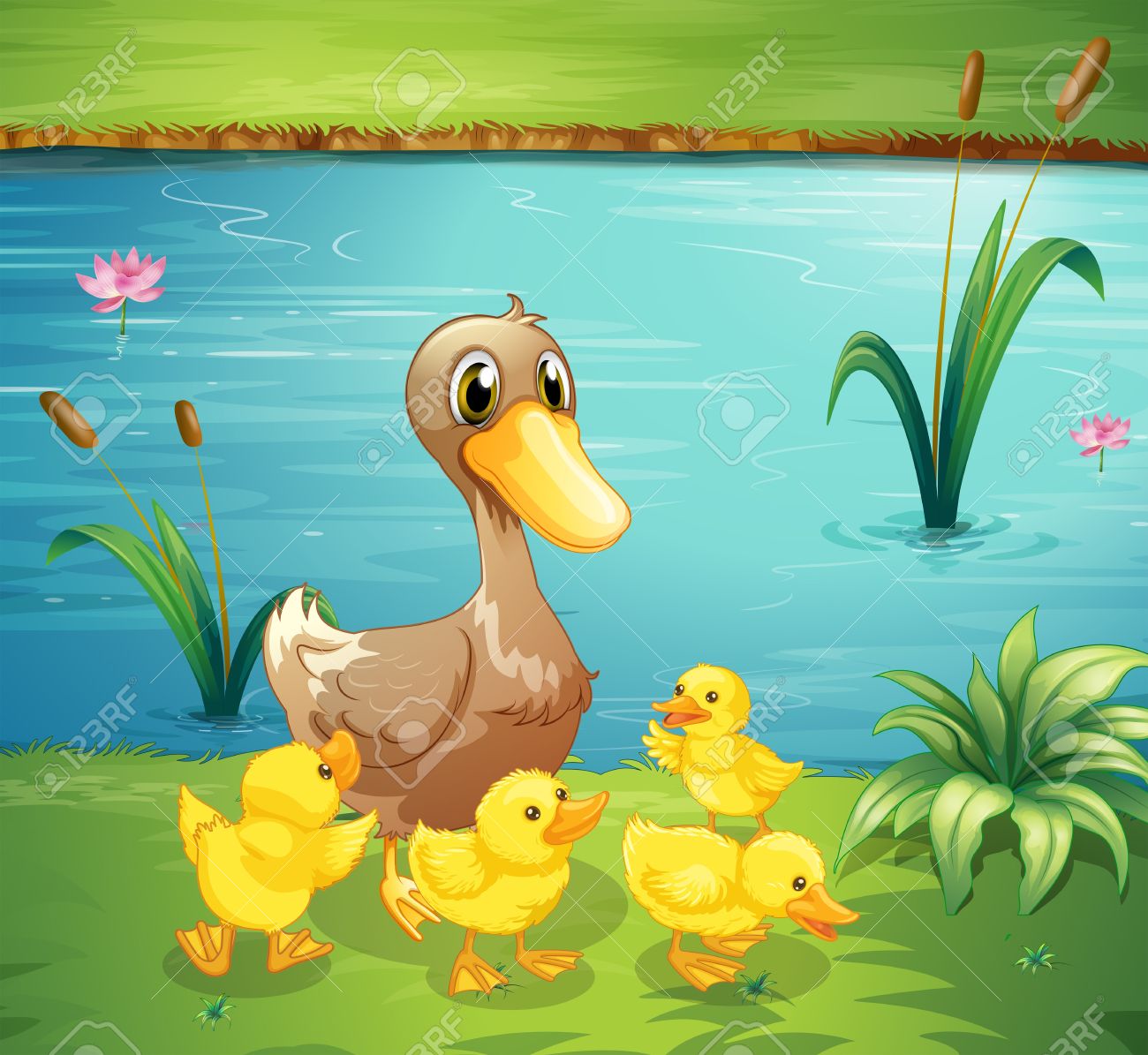 ilustración de una mamá pata con sus patitos en el río ilustraciones