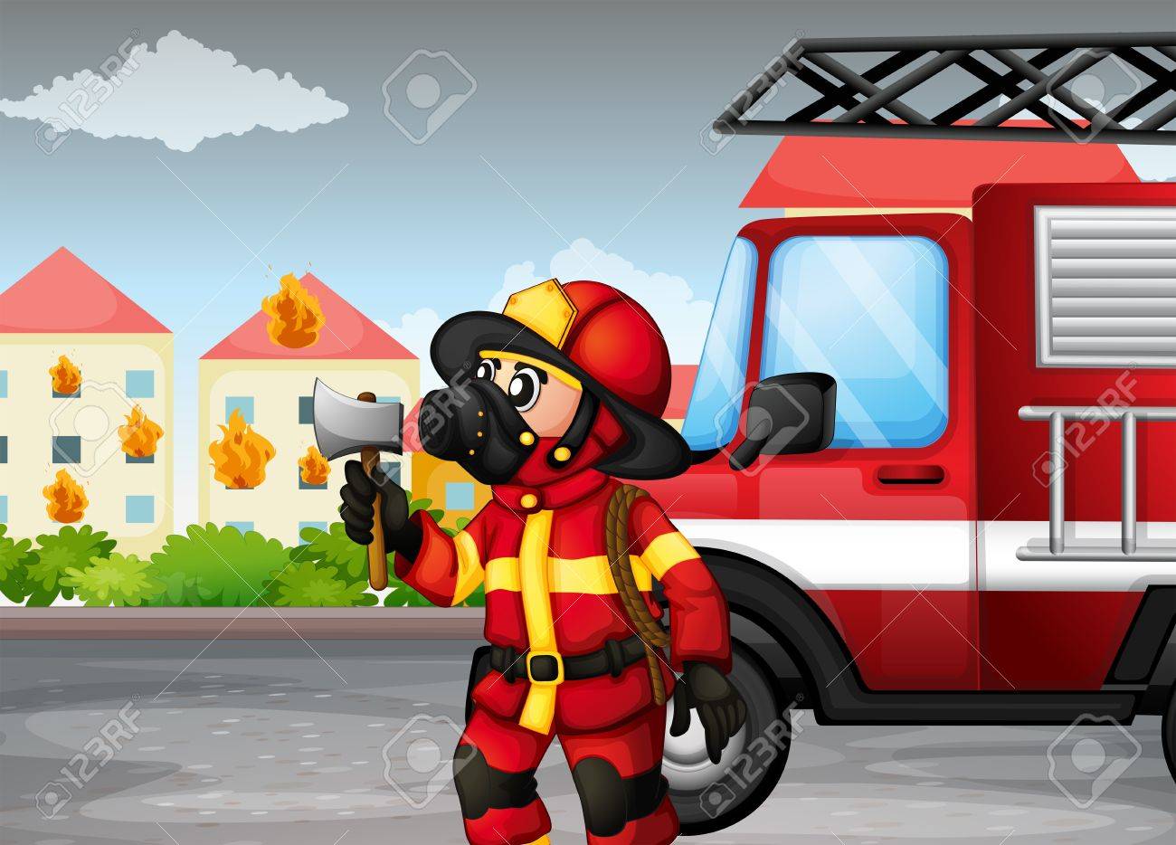 背面にトラックと斧を保持している消防士のイラスト のイラスト素材 ベクタ Image 1619