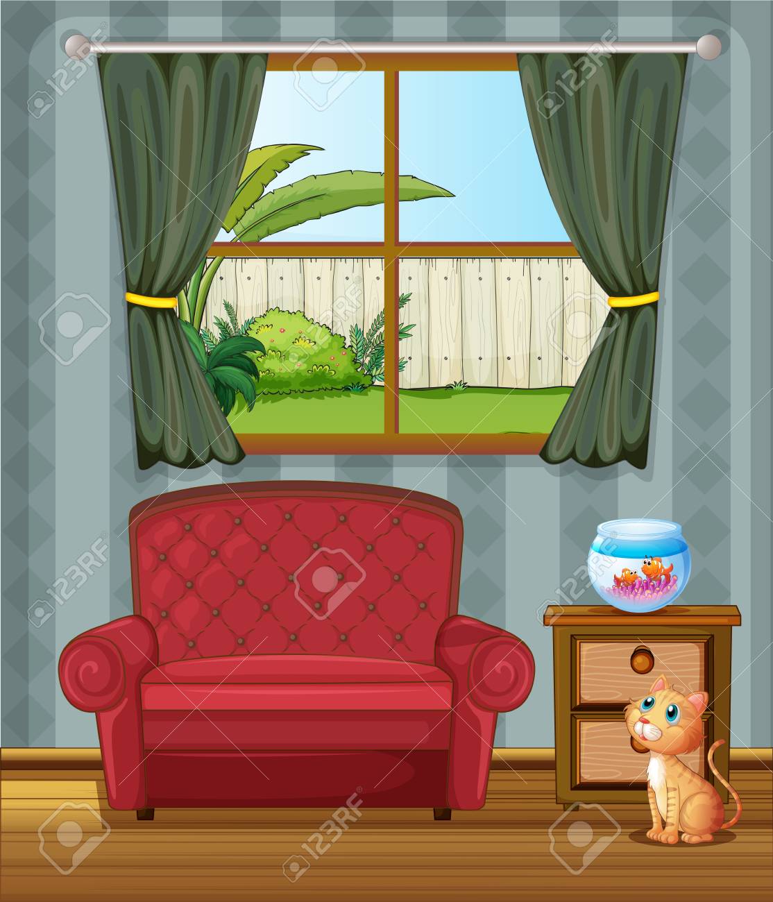 家の中の魚を見ている猫のイラストのイラスト素材 ベクタ Image