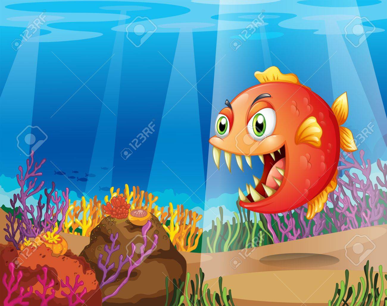 サンゴの海でピラニアのイラストのイラスト素材 ベクタ Image