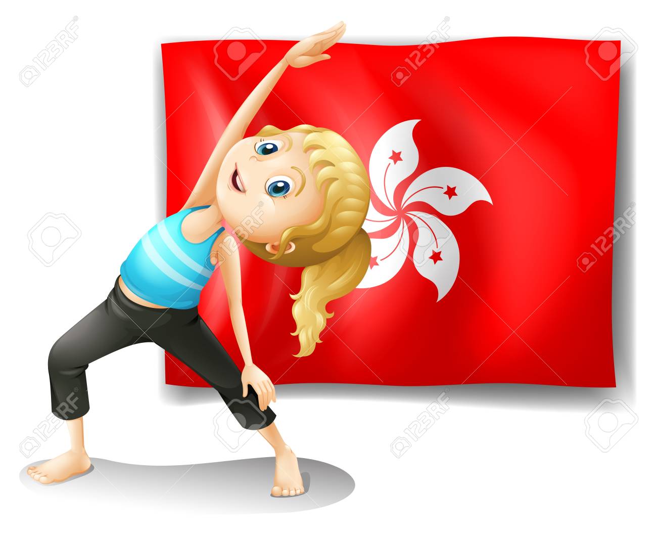 香港の旗の白い背景の上の若い女の子の後ろのイラストのイラスト素材 ベクタ Image