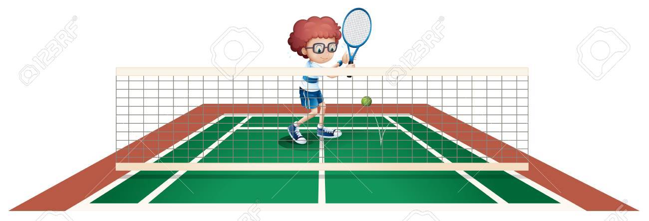 白い背景のテニスコートでテニス少年のイラスト のイラスト素材 ベクタ Image