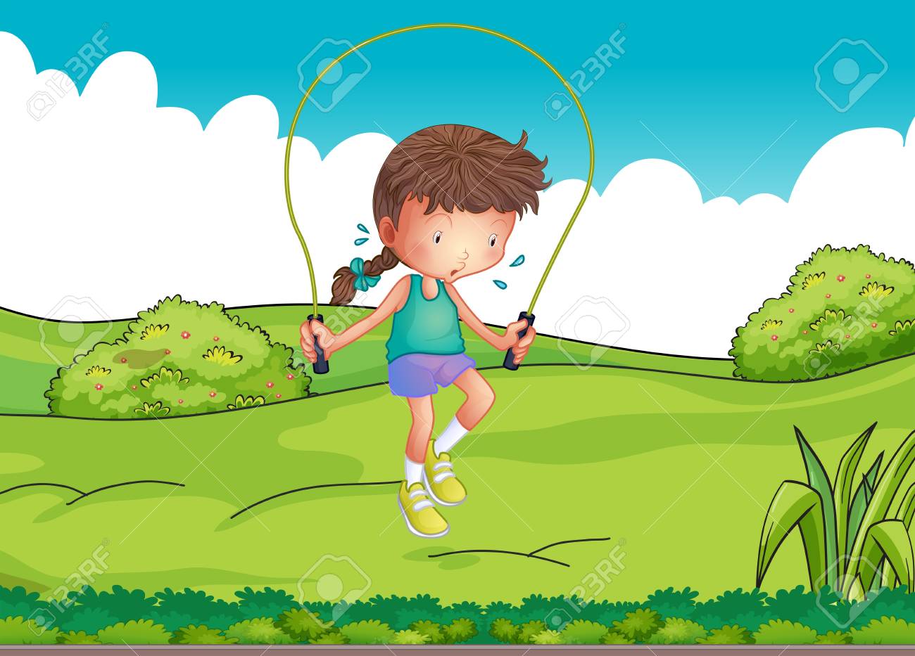 丘の頂上で縄跳びをプレイ女の子のイラストのイラスト素材 ベクタ Image
