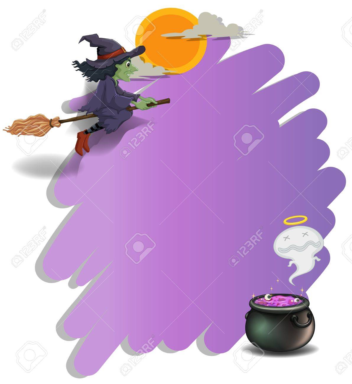 illustration of a witch riding on a broom and an empty violet