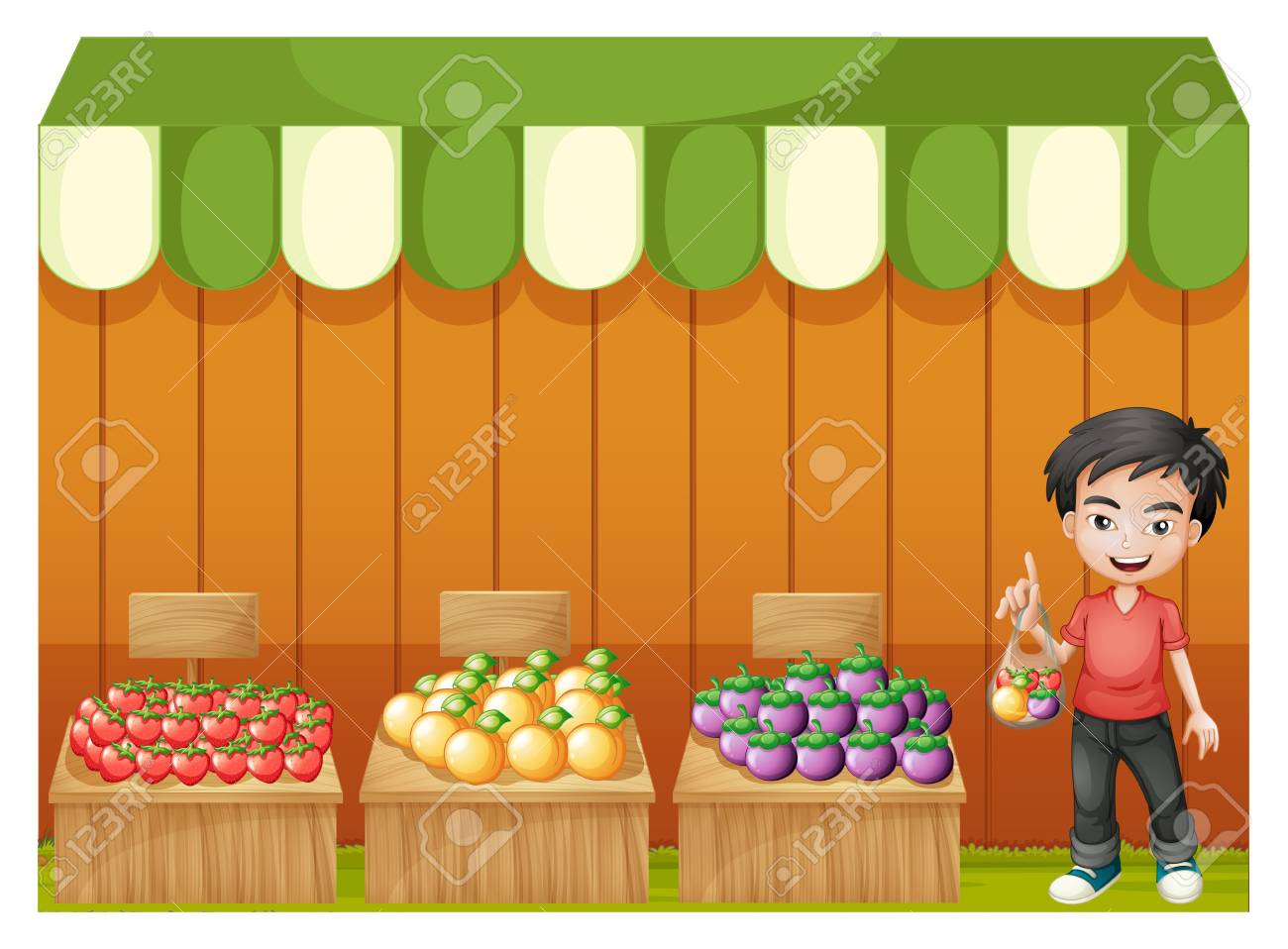 Illustration Of A Fruit Shop With A Young Boy Wearing A Red Shirt Royalty Free Cliparts Vectors And Stock Illustration Image