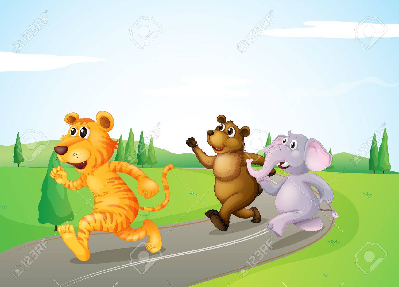 Illustration Of A Tiger A Bear And An Elephant Running Along Royalty Free Cliparts Vectors And Stock Illustration Image 20142927 123rf com