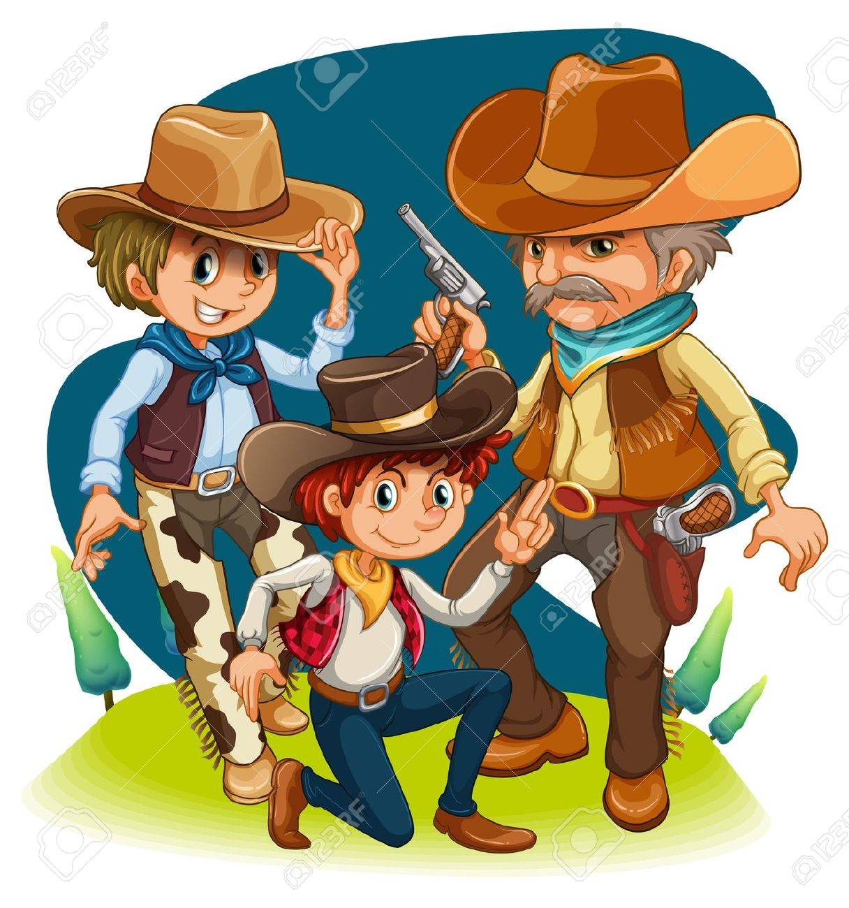 Ilustración De Los Tres Vaqueros En Diferentes Posiciones Sobre Un Fondo Ilustraciones Svg, Vectoriales, Clip Art Vectorizado Libre De Derechos. Image 20272825.